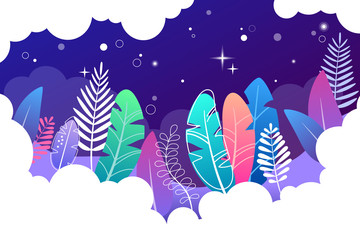 Illustration in trendy flat style on dark blue background and bright gradient colors - background with space for text in form of clouds. Space plants in blue tones. For banner, greeting card, poster