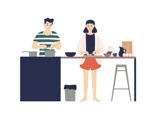 Cute young man and woman cooking meals in kitchen. Smiling boy and girl making lunch or dinner together at home. Daily life of happy romantic couple. Flat cartoon colorful vector illustration.