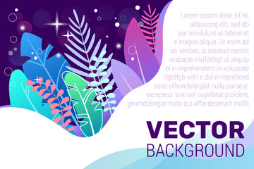 Vector illustration in trendy style on dark blue background and vibrant gradient colors - background with white space for text. Space plants, leaves in blue tones. for banner, greeting card, poster