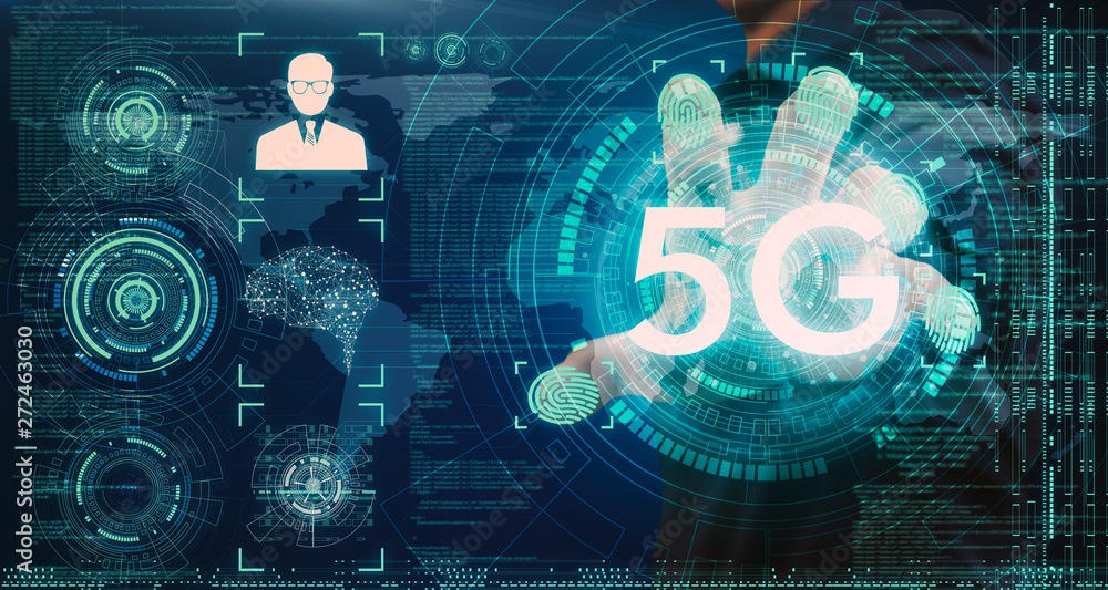 Poster businessmen connect data through modern systems of 5g technology through the most advanced security 