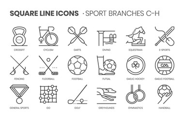 Sport branches related, square line vector icon set for applications and website development. The icon set is pixelperfect with 64x64 grid. Crafted with precision and eye for quality.