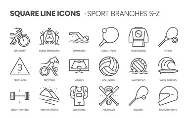Fototapeta premium Sport branches related, square line vector icon set for applications and website development. The icon set is pixelperfect with 64x64 grid. Crafted with precision and eye for quality.