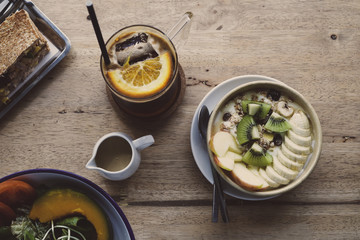 Mixed fruits and yogurt Clean food for health, start a good life with good quality breakfast.