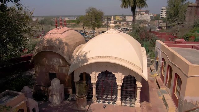  Vrindavan, India, "Gaudiya Acarya samadhis," holy shrine 4k aerial 