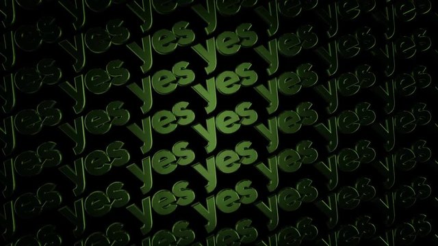Abstract animation of threedimensional metal logotypes with words "Yes" moving on black background. Animation. Motivation and logos concept.