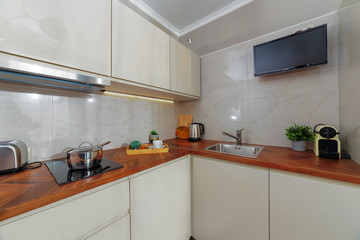 white kitchen interior counter top. background of kitchen
