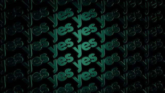 Abstract animation of threedimensional metal logotypes with words "Yes" moving on black background. Animation. Motivation and logos concept.