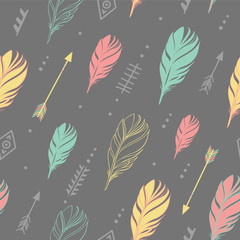 Hand drawn vector illustration. Seamless pattern with tribal arrows on dark gray background. Perfect for wallpapers, greeting cards, blogs, web page background and more