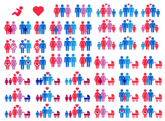 Gay, lesbian couples and family with children icons set