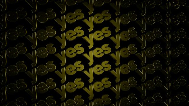 Abstract animation of threedimensional metal logotypes with words "Yes" moving on black background. Animation. Motivation and logos concept.