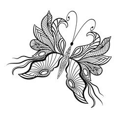 Hand drawn doodle element butterfly in vector. Ethnic design. Black and white version. EPS 10