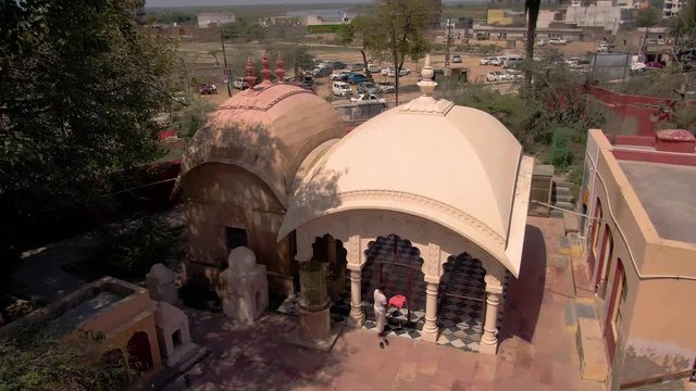  Vrindavan, India, "Gaudiya Acarya samadhis," holy shrine 4k aerial 