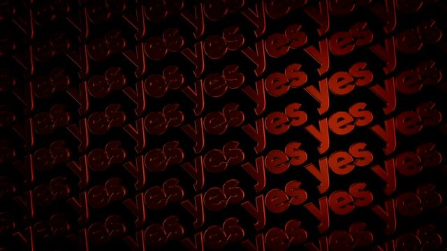 Abstract space filled of threedimensional metal logotypes with words "Yes" moving on black background. Animation. Motivation and logos concept.