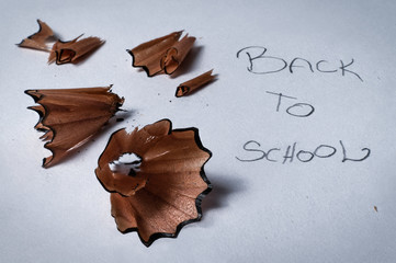 Closeup macro detail of pencil sharpener wooden swirl shavings on with written text back to school...