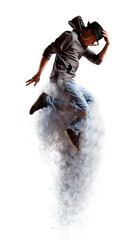 Man break dancing on white background