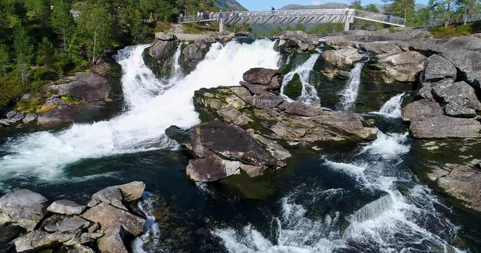 AERIAL: Likhole waterfall. Gaularfjellet, Norway.
