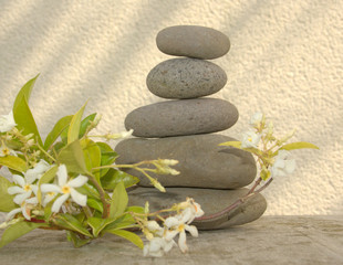 Fototapeta na wymiar pile de galets et fleur blanche , concept relaxation ,zen