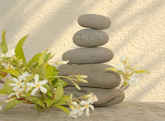 Obraz na płótnie Canvas pile de galets et fleur blanche , concept relaxation ,zen