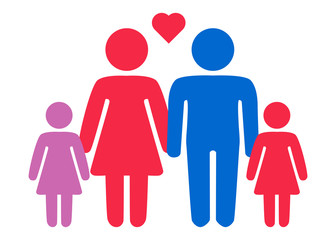 A schematic depiction of a hetero family couple man and woman with children, icon