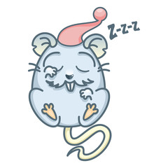 Vector illustration of Cartoon rat. Cute rat sleeps in a red cap