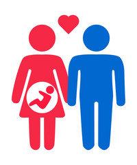 Heterosexual romantic date. Man and woman with heart shape above. Vector line symbol