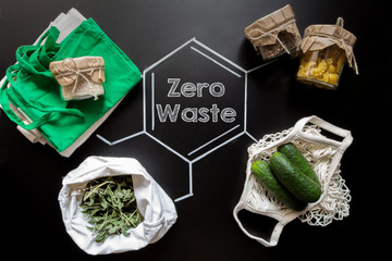 Zero waste. Eco-friendly life. A set of items glass jars for storage, reusable bags shopping bags.
