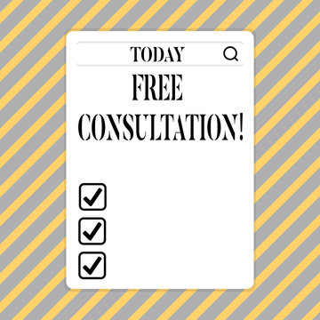 Conceptual hand writing showing Free Consultation. Business photo showcasing asking someone expert about confusion inquiry Get advice