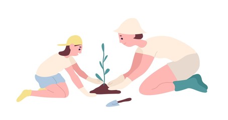 Adorable mother and daughter planting seedling or tree in garden. Happy smiling mom and child cultivating plant outdoors. Family recreational activity. Flat cartoon colorful vector illustration.