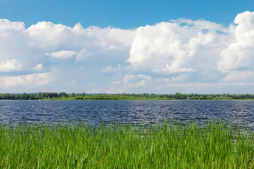Summer landscape with lake and blue sky