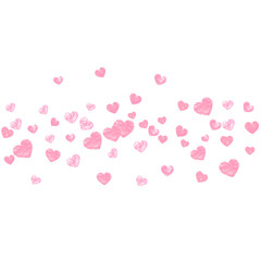 Pink glitter confetti with hearts on isolated backdrop. Sequins with metallic shimmer and sparkles. Design with pink glitter confetti for party invitation, banner, greeting card, bridal shower.