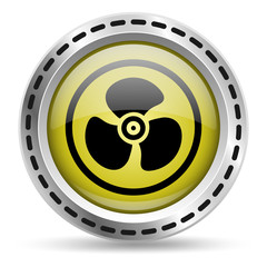 Fan icon. Yellow glossy button for web design. Metal case. Vector.