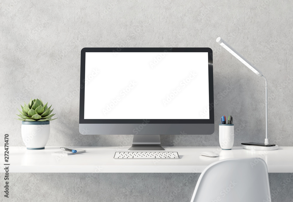 Poster modern black and silver computer on white desktop concrete interior mockup 3d rendering