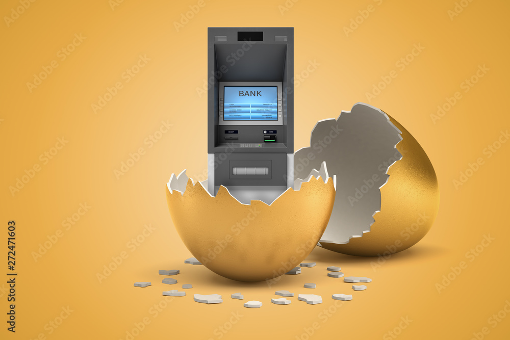 Poster 3d rendering of atm that just hatched out from golden egg.