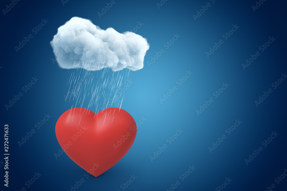 Poster 3d rendering of red valentine heart under raining cloud on blue gradient background with copy space.