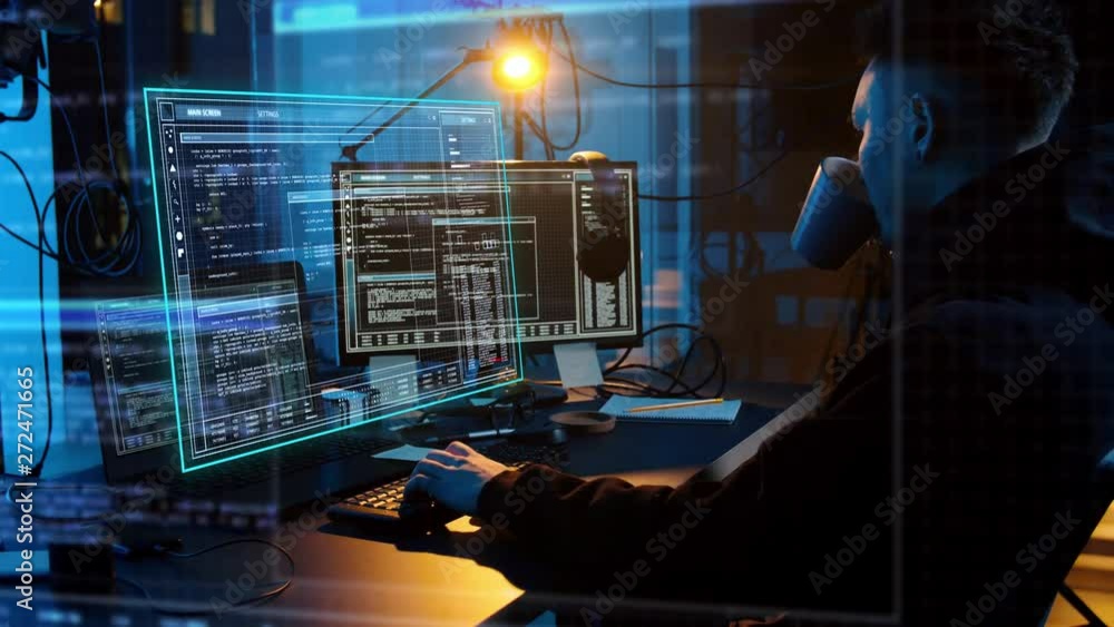 Poster cybercrime, hacking and technology concept - asian male hacker in dark room writing code or using co