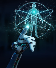 White robot hand scanning human body 3D rendering