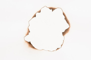 Flat lay of sheet of paper with burnt round hole on white surface. Abstract background. Frame...