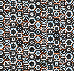 Colorful blue and orange seamless geometric pattern with hexagons and squares, east stile, marrakesh. Fashion contrast ethnic texture for textile, wallpapers, tiles, cloth, gift wrapping paper
