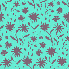Contrast blue and brown seamless pattern with hand drawn sketchy flowers and leaves. Bright turquoise chinese ink floral elements texture for textile, wrapping paper, cover, surface, wallpaper