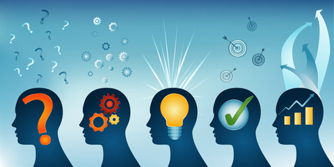 Human head series profile - problem - analysis - idea - solution approval and success. Problem solution concept. Strategy concept