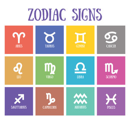 Zodiac signs: aquarius, libra, leo, taurus, cancer, pisces, virgo, capricorn, sagittarius, aries, gemini, scorpio. Astrological calendar collection, zodiacal color vector horoscope. Colorful elements