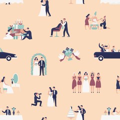 Seamless pattern with bride and groom preparing for wedding ceremony. Backdrop with preparations for marriage and celebration party on light background. Flat cartoon colorful vector illustration.