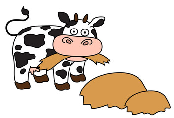 Funny cow is chewing hay on a white background. Vector illustration.