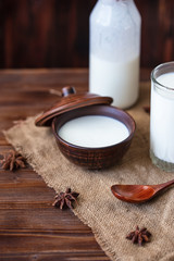 Homemade yogurt in a cup, a glass of kefir with probiotics Probiotic cold fermented dairy drink...