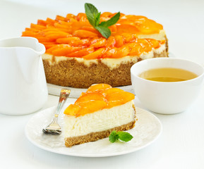 Cheesecake with peaches .. Selective focus.
