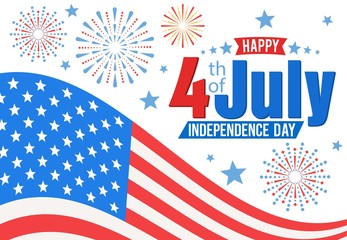 American Independence Day, festive banner with american flag and fireworks. Vector