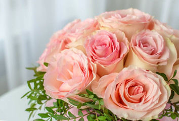 Fototapeta na wymiar Beautiful Wedding bouquet of pink roses close up. The concept of marriage and love.