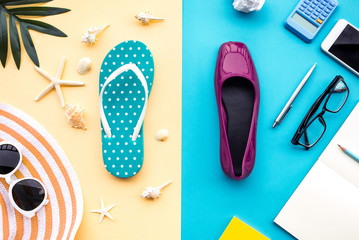 Summer vacation and job busy concepts with different lifestyle of accessory on colorful background