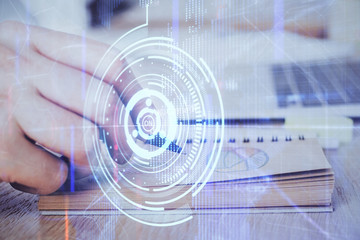 Fototapeta premium Writing human hands with data theme multi exposure icons.