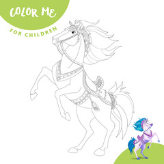 Coloring page. Color me horse. Realistic cartoon horse. Cute horse smiles.